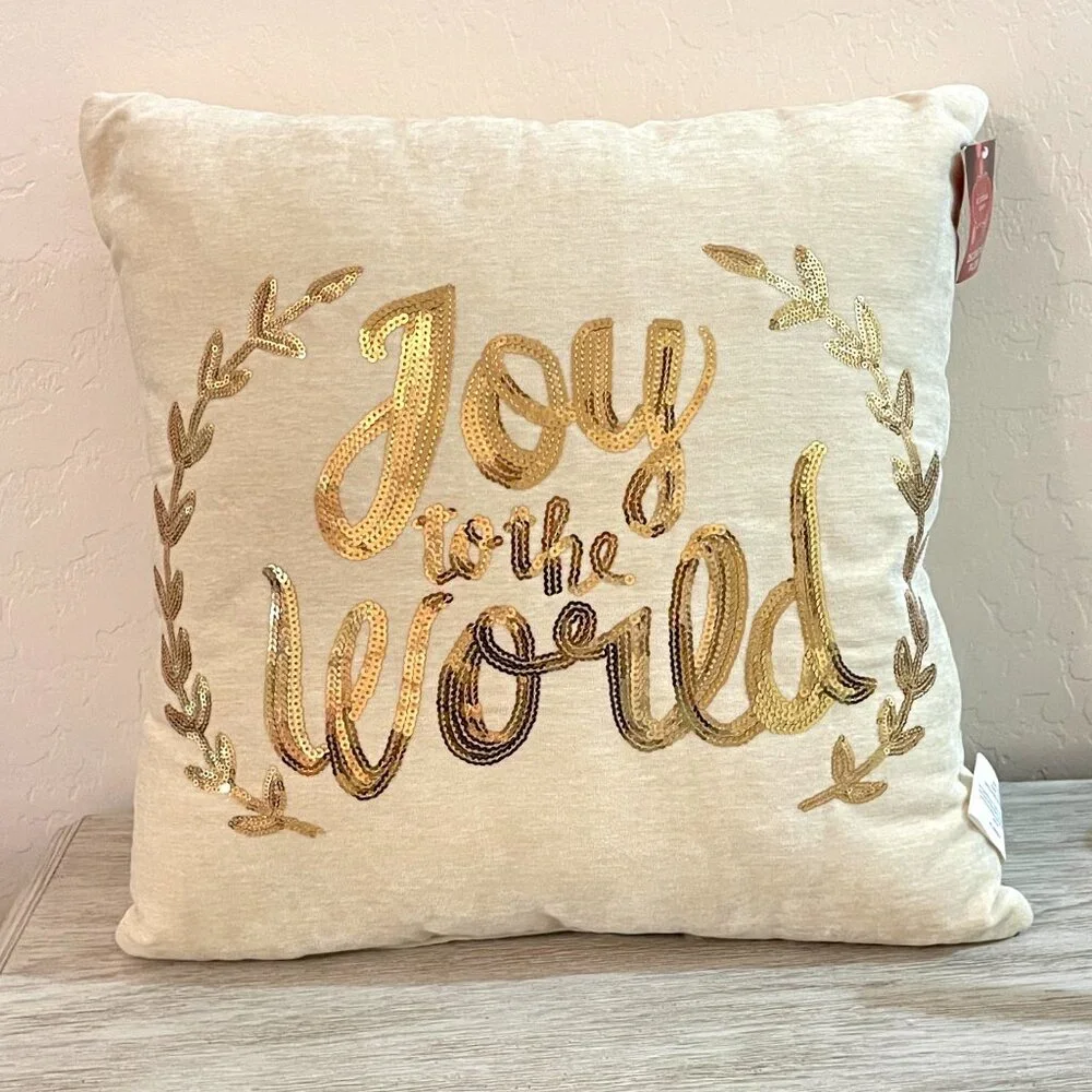 New Christmas Throw Pillow Joy To The World Ivory Velour Gold Sequin 18